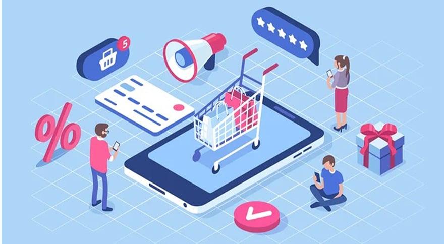 An illustration featuring a phone with shopping cart top of it surrounded by credit card, megaphone and people
