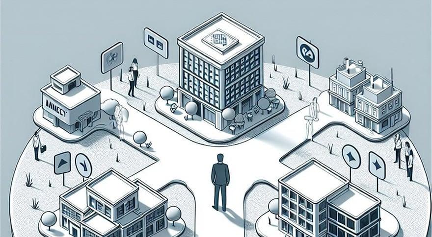 Illustration of a man standing and looking at a 5 way street, all leading to different destinations. 