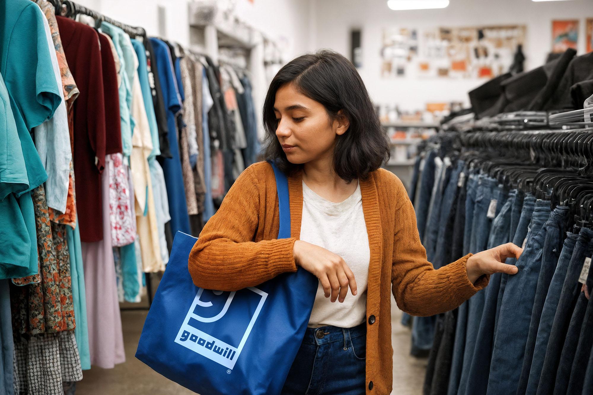 A woman holding a blue Goodwill tote bag browses a rack of jeans inside a thrift store.